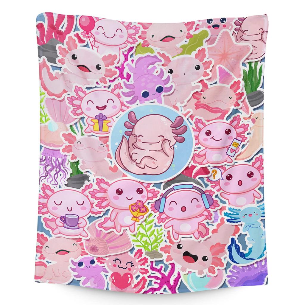 Cartoon Axolotl Blanket Kawaii Ocean Animal Throw Blankets for All Season Seaweed Aquarium Soft Flannel Sofa Blanket for Kids
