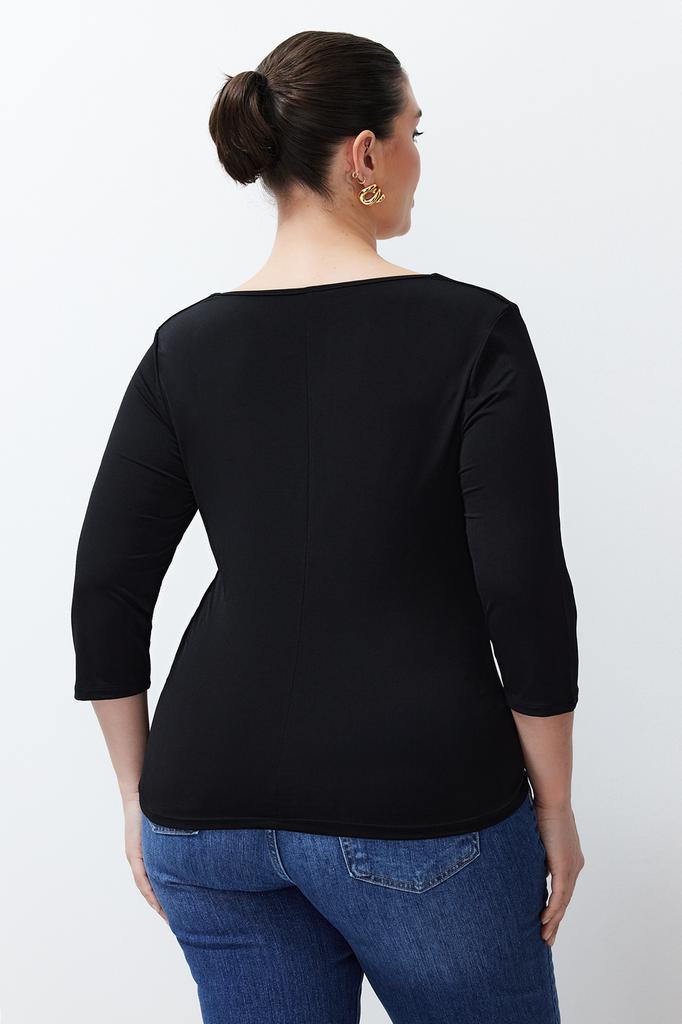 Women's Fashion New Plus Big Size Blouse Black Sweetheart Neckline Fitted Knitted Blouse