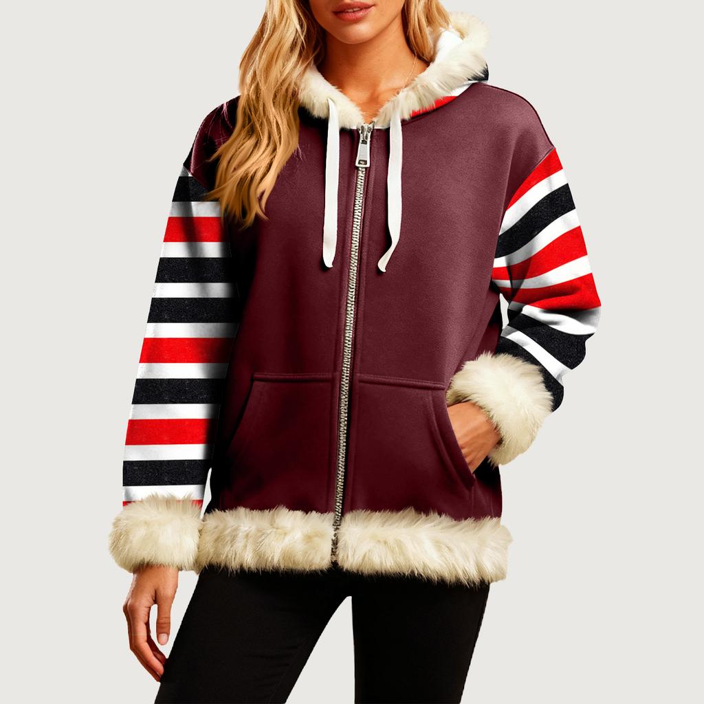 Женская Удобная Свободная Модная Повседневная Толстовка-Куртка с Длинным Рукавом, Карманами и Капюшоном с Полосатым Принтом