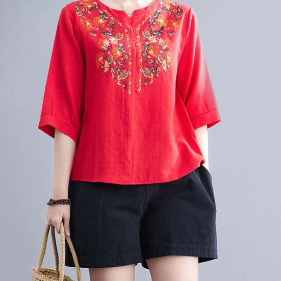 Women Summer Casual Shirt V-Neck Half Sleeve Pullover Tops Embroidery Floral Pattern Loose Fit Comfortable Breathable Blouse