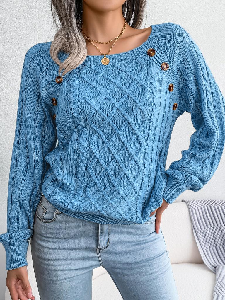 Women Warm Knitted Sweater Autumn Winter Casual Square Collar Studded Button Twist Knit Pullover Jumpers