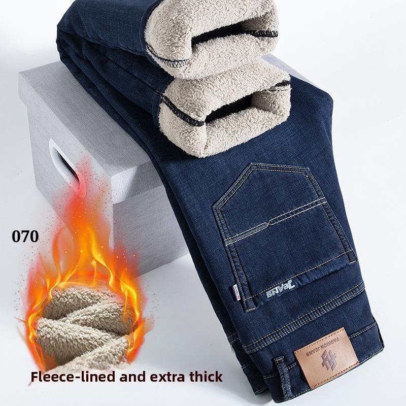 Зимние прямые джинсы из овечьего пуха, мужские утолщенные джинсы большого размера 40, с высокой талией, эластичные, с флисовой подкладкой, теплые, облегающие