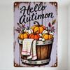 Винтажная металлическая табличка Hello Autumn с деревянной бочкой, тыквами, красными ягодами, коробочками хлопка. Деревенский осенний домашний декор для кафе, бара, мужчины.
