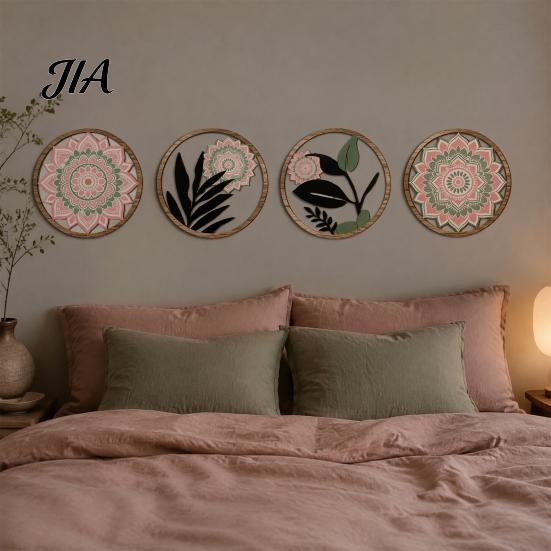 Rustic Botanical Wall Art 4Pcs Boho Decor, Floral Round Wooden Geometric Elegant Home Interior Decor Art, Farmhouse Aesthetic Hanging Ornaments