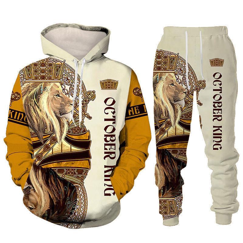 Трендовый животный принт Лев 3D Мужские комплекты спортивных костюмов Повседневная толстовка и штаны 2 предмета Комплекты Свободная толстовка Модная мужская одежда