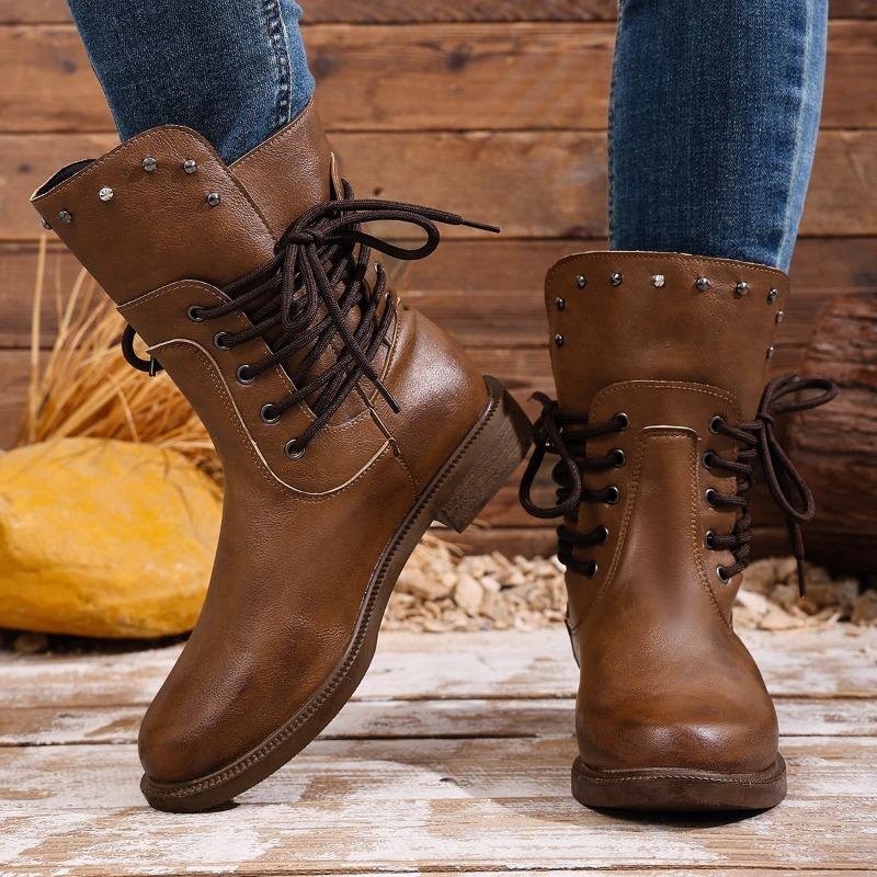 Women's Autumn British Style Vintage Distressed Studded Short Boots - Plus-Size, Lace-Up, Retro