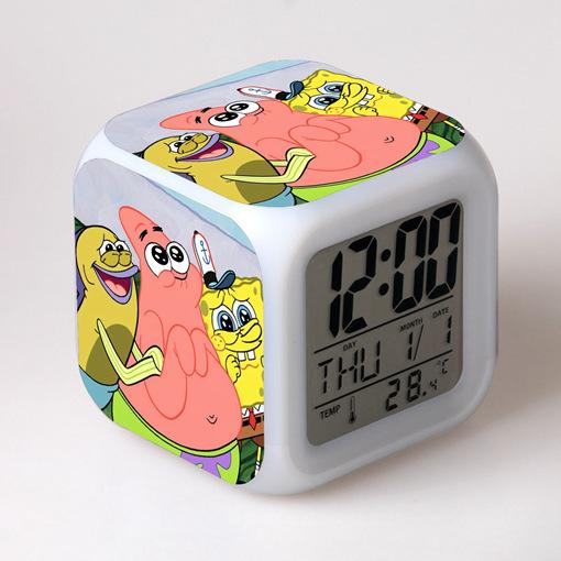Cartoon SpongeBob SquarePants Alarm Clock Children's Gifts Color-changing Colorful Alarm Clock Square Clock Bedside Clock