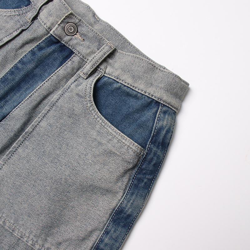 Весна 2025 г. Узкие джинсовые брюки с высокой талией и цветными блоками — европейский и американский стиль