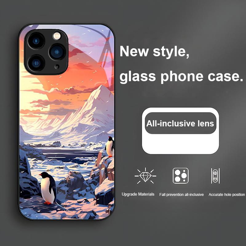 Sunshine Penguin Gold Purple For Iphone 16 Plus 15 14 13 12 Mini 11 Pro Max X XS XR 7 8 Plus 2022 Tempered Glass Phone Case
