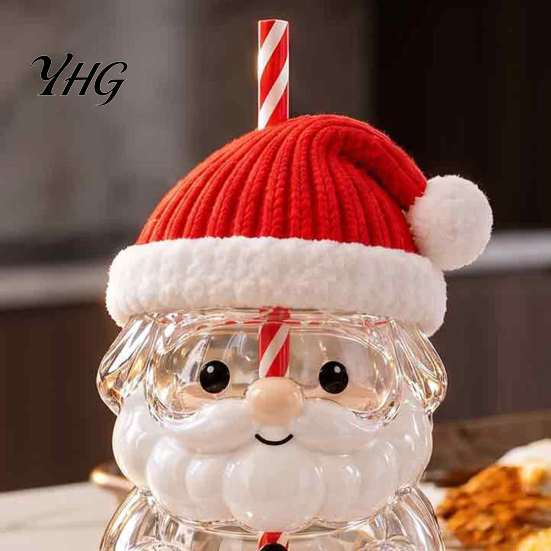 Glassware for Kitchen Christmas Santa Straw Cup, High Borosilicate Glass Tumbler, Durable Drinking Vessel Reusable Cup Cold Beverages And Festive