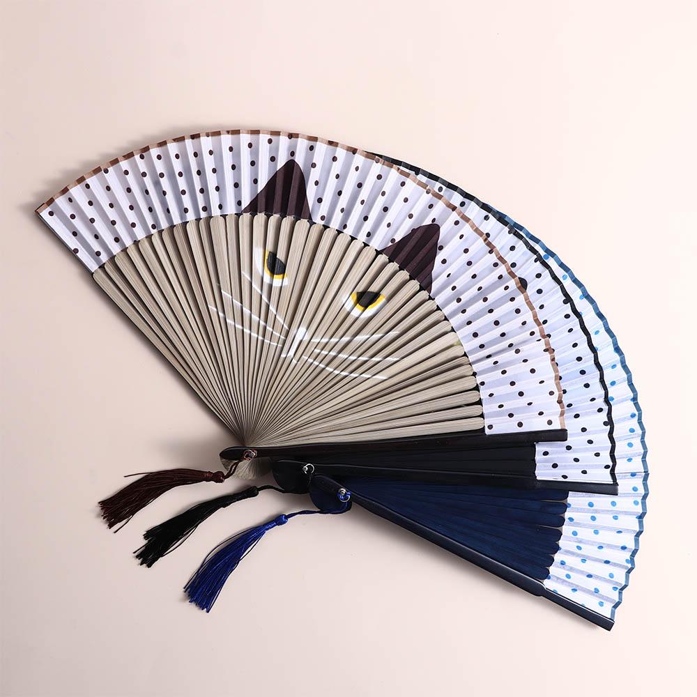 Cat Patterns Summer Gift Handmade Bamboo Wooden Fan Crafts Folding Fan Home Decoration Silk Fan