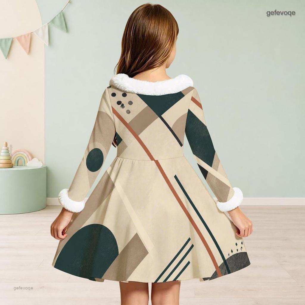 Girls Cream Printed Dress Furry Collar Long Sleeve Bow Waist A Line Flared Hem