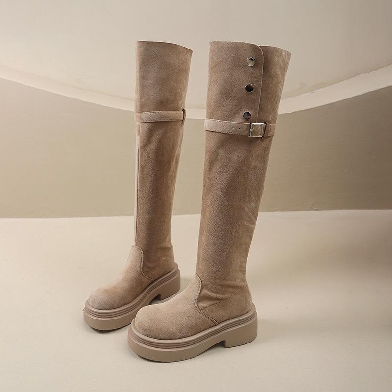 Over-knee Boots Women's Thick-soled Inner Height Increase Merad Long-tube Boots Thick-soled Large-tube Circumference Widened Fat Mm Large Size Velvet