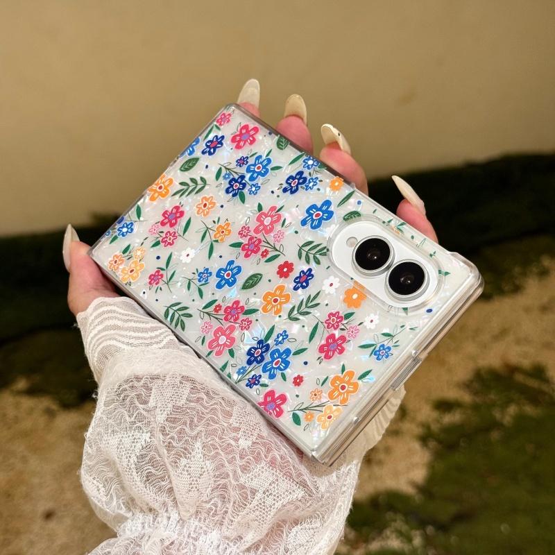 Korean Color Flower Cute Phone Case For Samsung Galaxy Z Fold 8 Ultra 7 6 5 Z Fold7 Fold6 Cover with Chain Kawaii Floral Cases