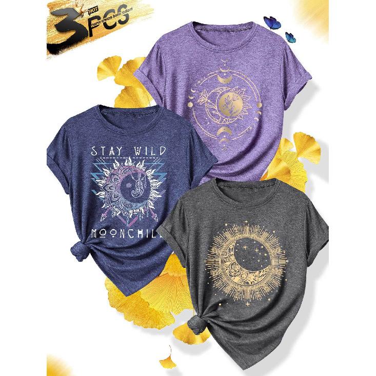 3Elegant plus-size short-sleeve outfit for sisters to attend parties T Shirt Stay Wild Moonchild Printed plus-size women's casual sportswear for