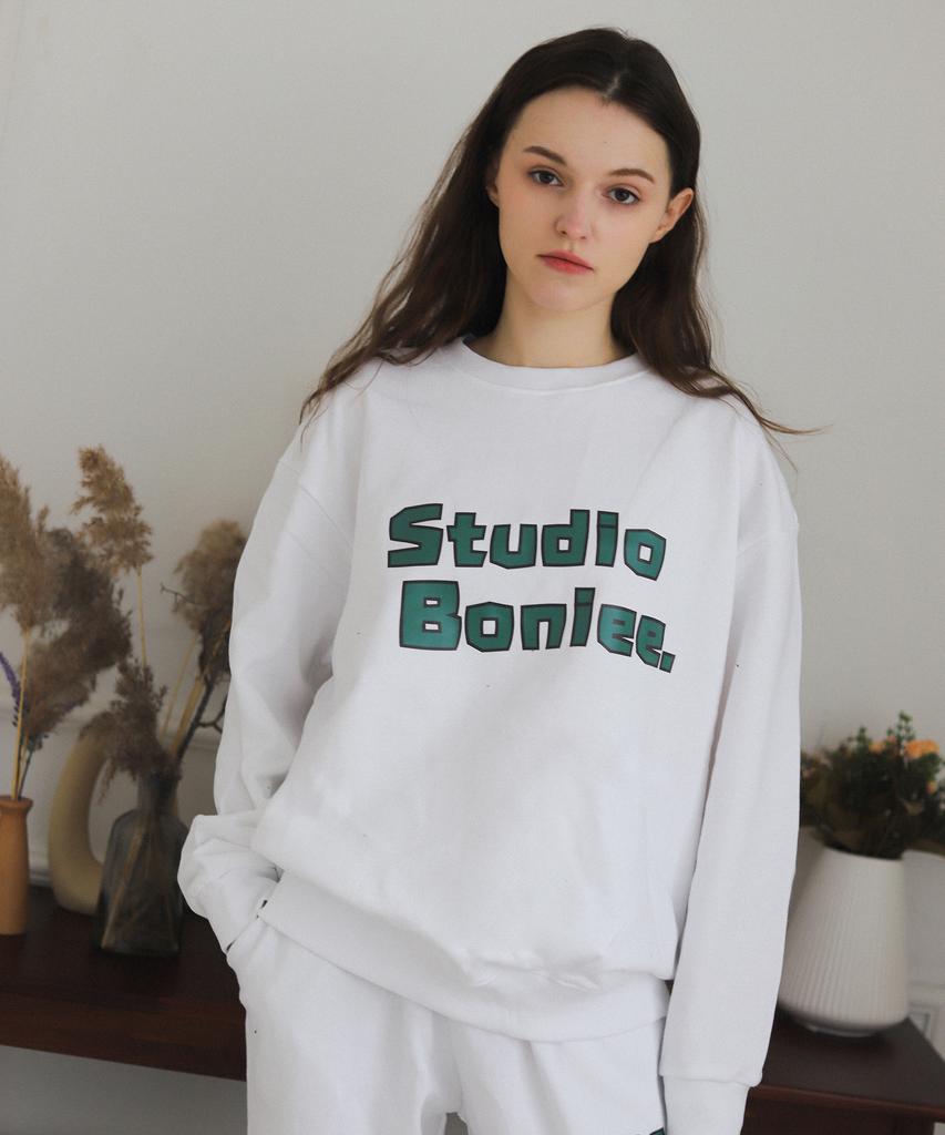 BONIEE [Fleece Lined] Block Typo Graphic Oversized Sweatshirt White