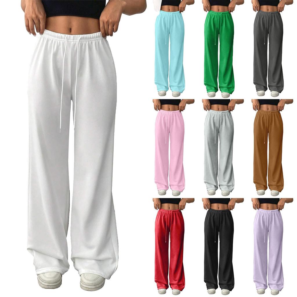 Women's Fashion Loose Drawstring Waist Solid Color Casual Sports Pants Casual Wide-Leg Pants
