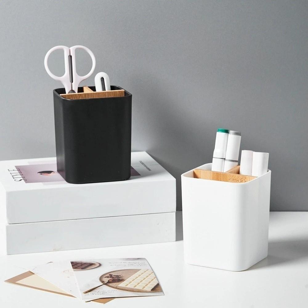 Organizer Pencil Storage Box Bamboo Divided Flower Vase Durable Toothbrush Holder School