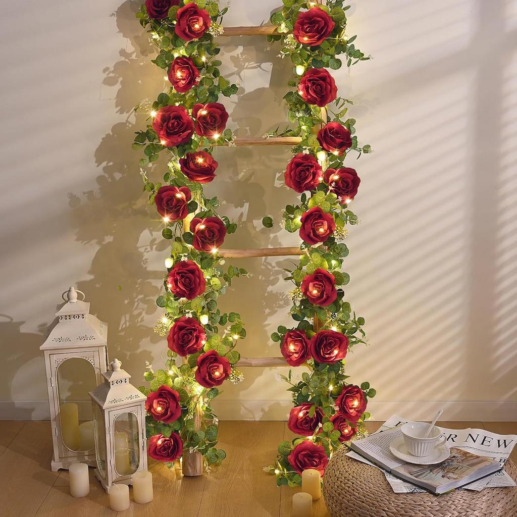 6.5ft Artificial Eucalyptus Garland with Roses Flowers - Artificial Greenery Garland for Weddings, Bridal Showers, Birthdays, Anniversaries