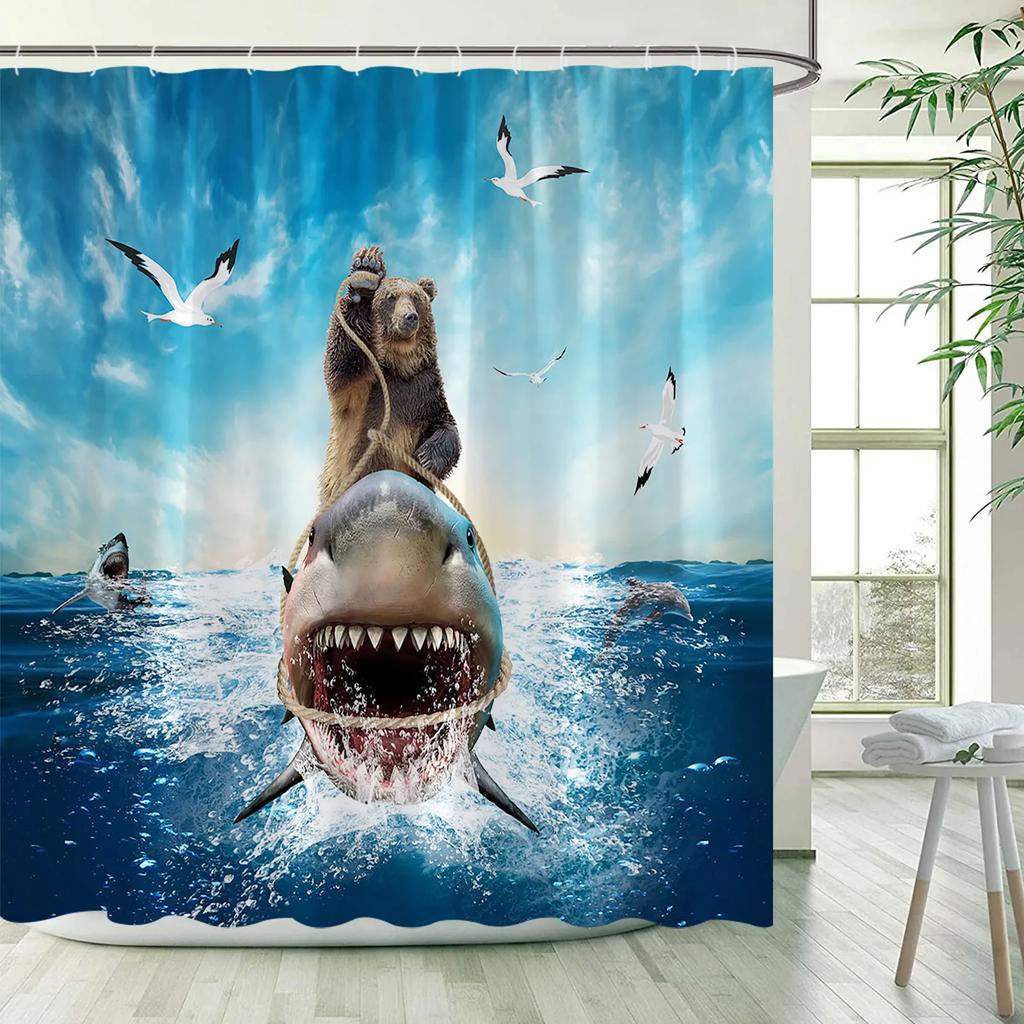 Funny Shower Curtains Cat Riding Shark Ocean Birds Sea Waves Cool Fun Bath Curtain Polyester Fabric Kids Bathroom Decor Sets