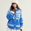 2025 Blue Sweaters Cardigan Autumn Women Print O-Neck Sweaters Knitting Loose Pink Sweater