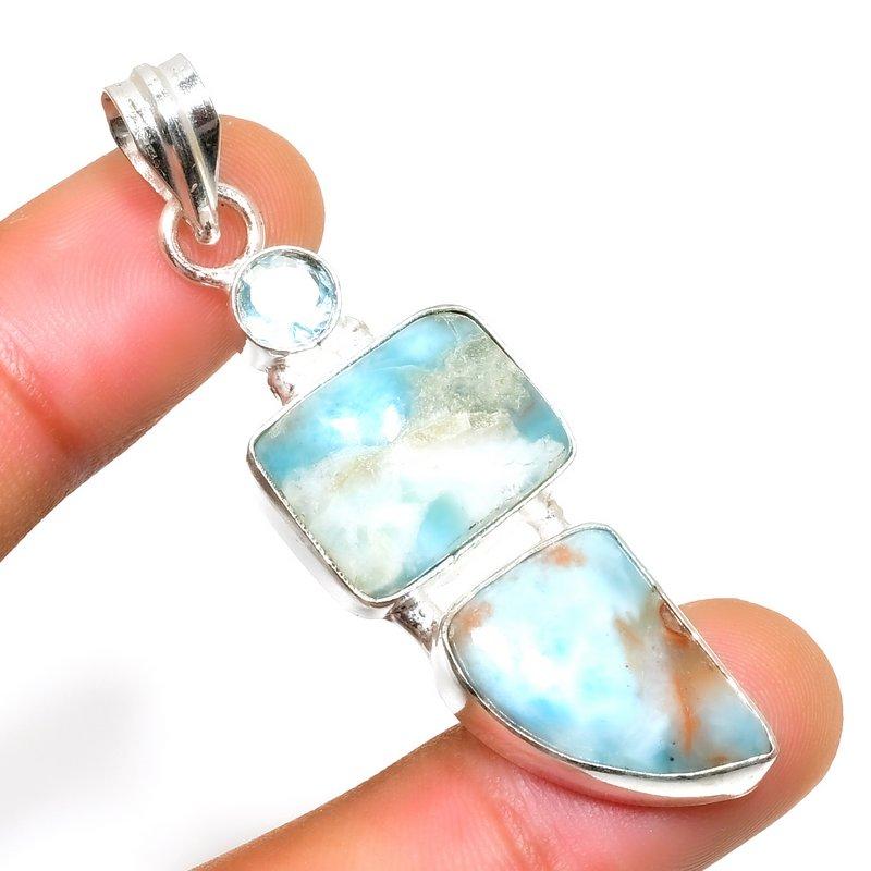 Republic Larimar Blue Topaz Gemstone 925 Silver Plated Pendant 2.27"