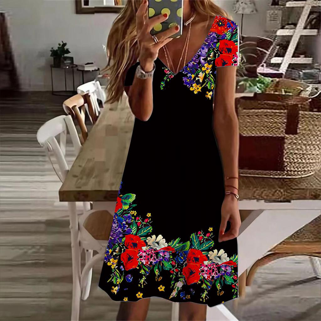 Summer Fashion Women's V Neck Short Sleeve Blue Peach Blossom Printed Dress Sex Dress