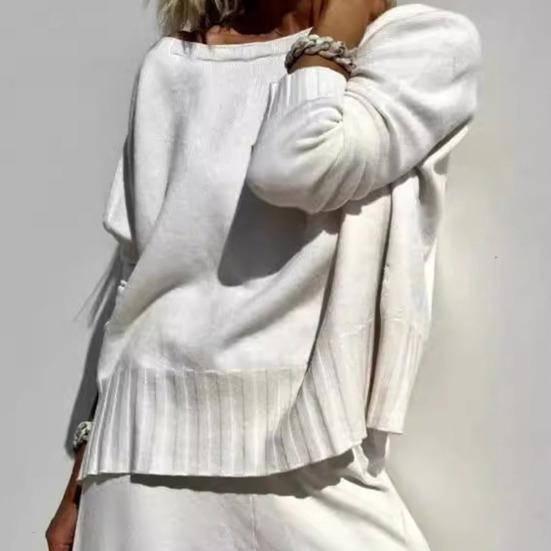 2 шт./комплект женский топ брюки костюм круглый вырез длинный рукав трикотажные сплошной