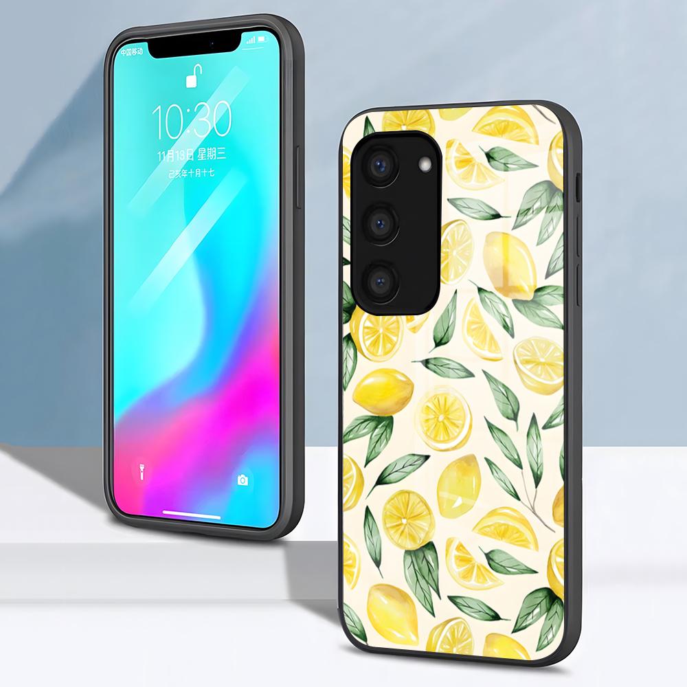 Фруктовый чехол-лимон для телефона Samsung S26 S25 S24 FE S23 S22 S21 Plus S20 Ultra Note20Ultra Черная стеклянная крышка