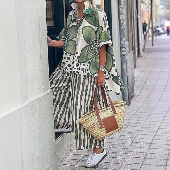 Women's Floral Print Loose Two-Piece Set Lapel Short Sleeve Top Wide Leg Pants Set Summer Casual Boho Streetwear
