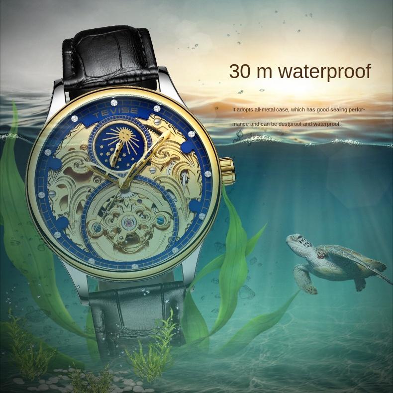 TEVISE Новые полые автоматические механические часы с турбийоном и фазой Луны, водонепроницаемые часы для мужчин