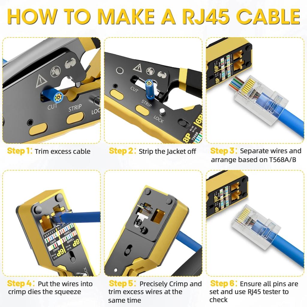 Обжимной инструмент RJ45 Проходной обжимной инструмент для Ethernet Инструмент для зачистки и обжима проводов для разъемов Cat6 Cat5 Cat5e RJ45 Ethernet Универсальный инструмент для проводов