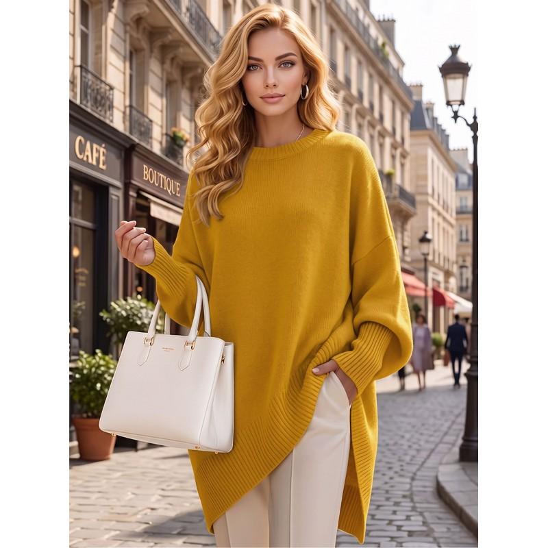 Womens Loose Fit Pullover Sweater Solid Color Long Sleeve Round Neck Knit Top Fall 2025