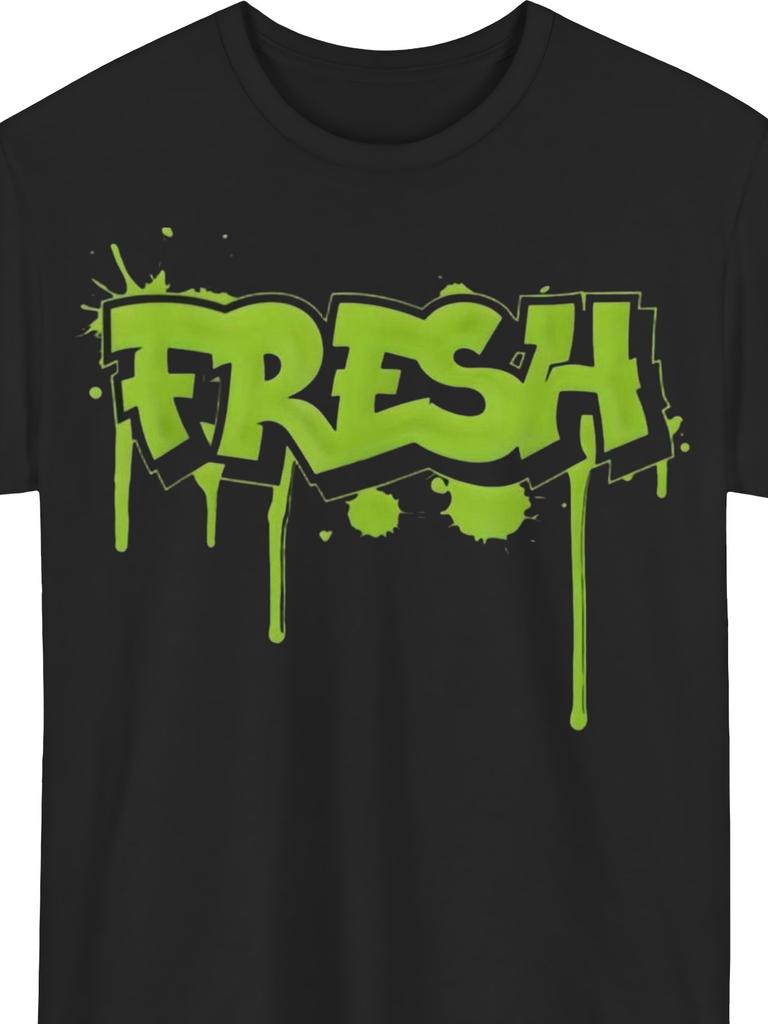 Unisex Black Graffiti FRESH Neon Green & Lime Drip T-Shirt - Urban Streetwear Short Sleeve Round Neck Tee Featuring Graf