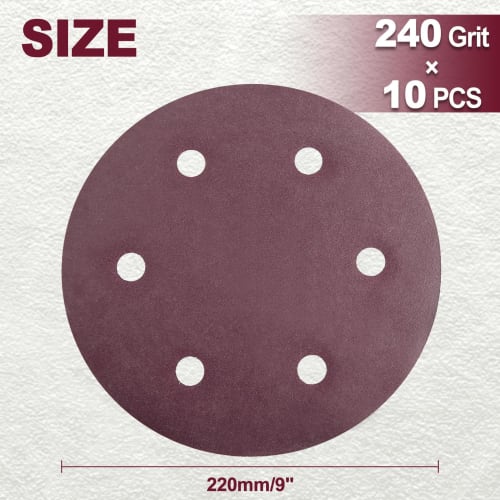 SPEEDWOX 10-Piece Set of 220mm 6-Hole Sanding Discs, Round #240 Sandpaper, Woodworking Sandpaper, Sander Paper, Woodworking Sandpaper, Precision Sandp