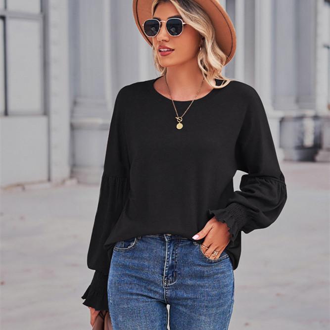 GMXIA Женские модные повседневные однотонные блузки и рубашки с круглым вырезом и длинным рукавом с принтом