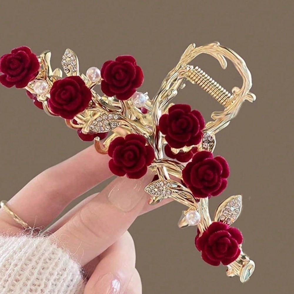 Pearl Tassel Rhinestone Hairpins Red Metal Hairgrip Elegant Rose Hair Claw Clips Hair Accessories