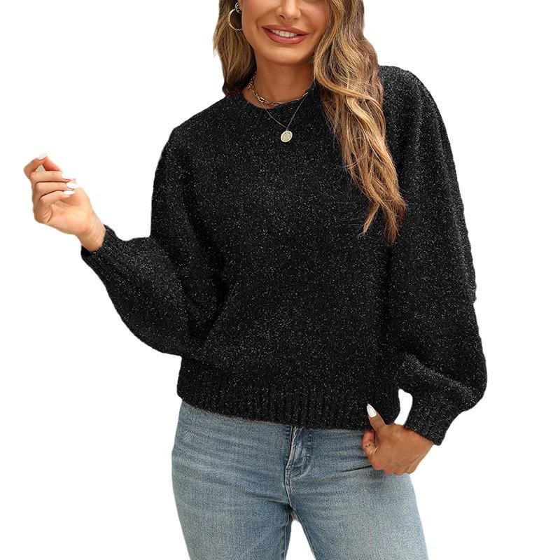 Autumn Winter Sparkly Silk Puff Sleeve Sweater with Back Tie