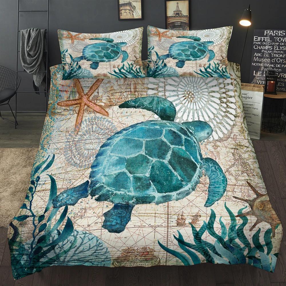 3D Starfish,Seaweed Duvet Cover+pillow Case Print Octopus Winter Home Bedding Set King Size Breathable Quilt Cover Set Blue AQ