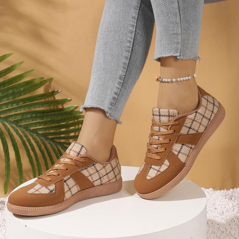 Европейский размер новая женская ретро круглая голова холст клетчатый ремешок цветовая гамма плоская обувь женская