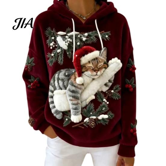 Christmas Party Outfit Women Cat Print Hoodie, Oversized Long Sleeve Pullover Sweatshirt, Daily Wear Sweatshirt Casual Loose Drawstring Hooded Top for