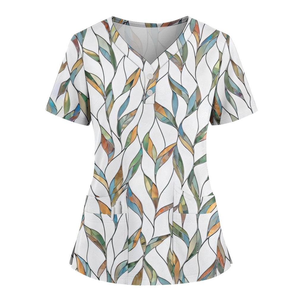 Женская свободная футболка с коротким рукавом, модным принтом цветов и растений, V-образным вырезом, застегивающаяся на пуговицы, с боковым разрезом