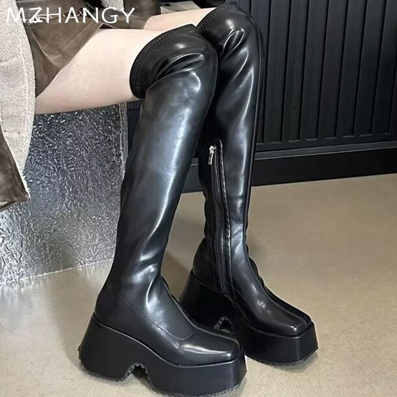 Модные женские высокие сапоги на платформе из кожи, модные сексуальные туфли на высоком каблуке, женские туфли 2025 года, зимние мотоциклетные ботинки, новые ботинки «Челси» Mujer