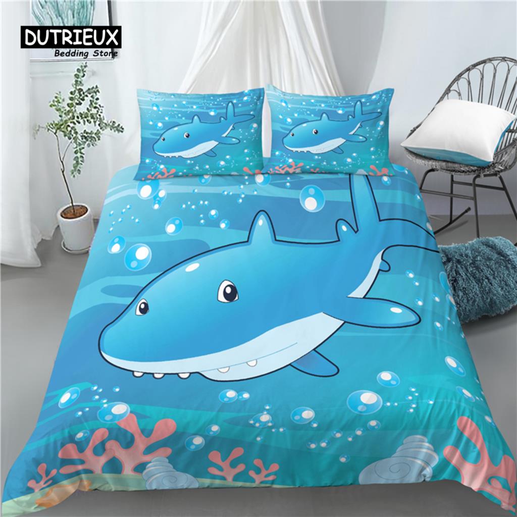 Home Living Luxury 3D Cartoon Shark Print 2/3Pcs Soft Duvet Cover and PillowCase Kids Bedding Sets Queen and King EU/US/AU Size