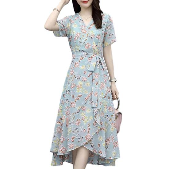 Платье с цветочным принтом для женщин с V-образным вырезом, коротким рукавом, струящимся запахом, платье миди с оборками и неровным подолом, платье А-силуэта для пляжного отдыха