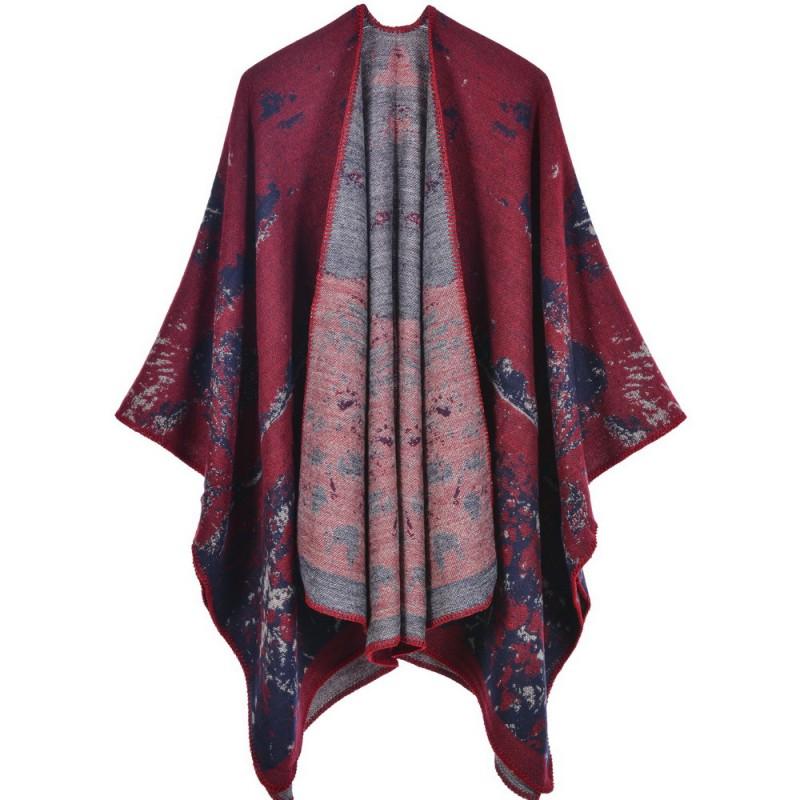 Женский oversized вязаный шарф-накидка с цветочным жаккардом, теплый, толстый, зимний