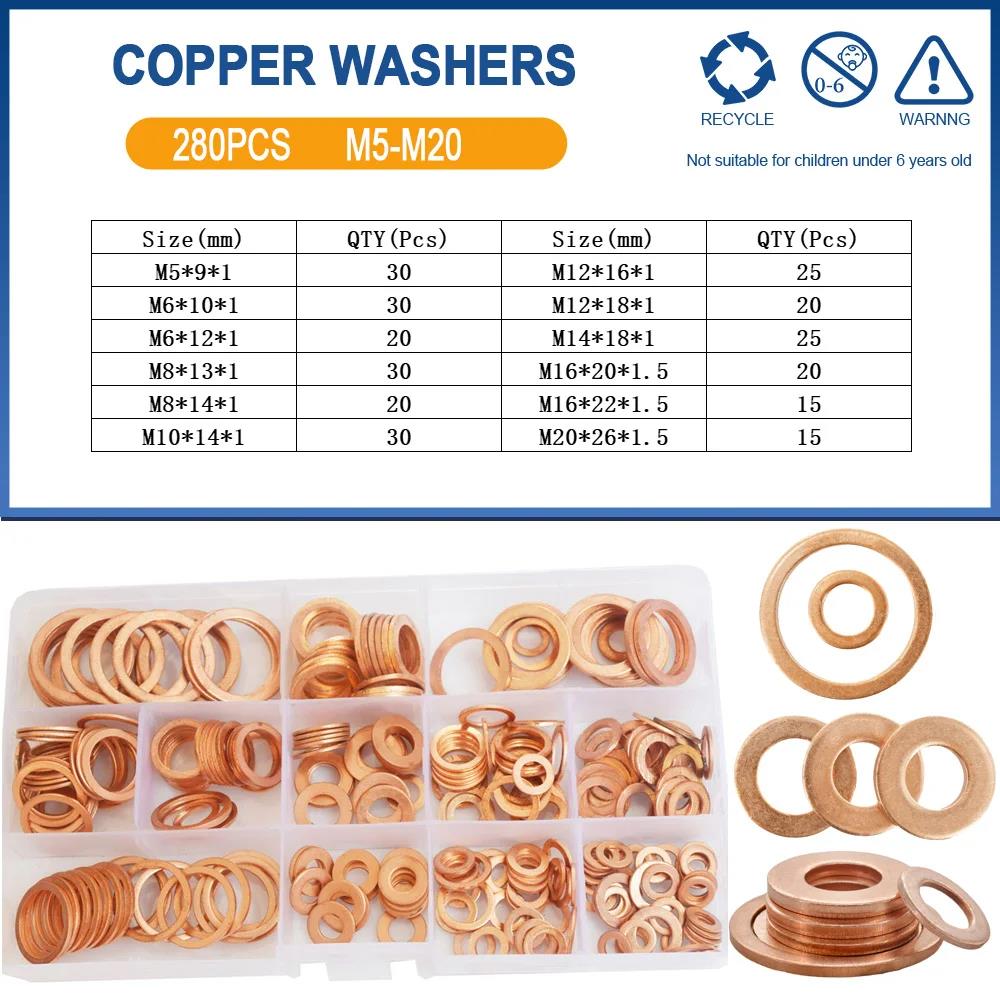 Solid Pure Copper Flat Washers Gasket Seal Ring M5 M6 M8 M10 M12 M14 M16 Metric Crush Washers For Sump Plug Oil Pipe Boat Repair Oil Drain Plugs 3