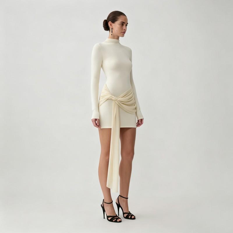 Womens Long Sleeve Knit Dress Slim Fit Pencil Skirt With Ribbon Fall Casual Party Wear