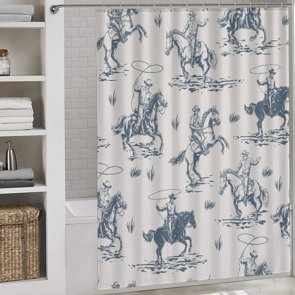 Western Shower Curtains for Bathroom, Cowboy Cartoon Decor Pattern Print Bath Drapes Set with Hooks, Waterproof Fabric Windows