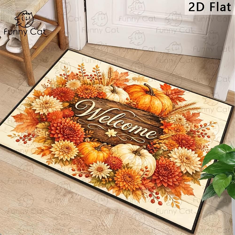 1pc Fall Welcome Doormat Suitable for Thanksgiving Harvest - Vintage Farmhouse Pumpkin Maple Leaf Chrysanthemum Wheat Floor Mat, Machine Washable Indo